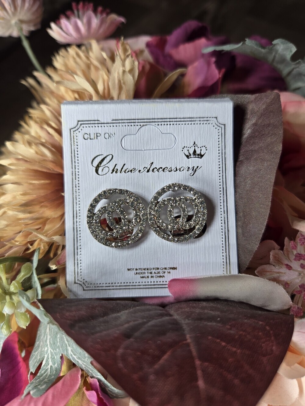 NWT Chloe Accessory Double Circle Silver Crystal Clip-On Earrings Women's